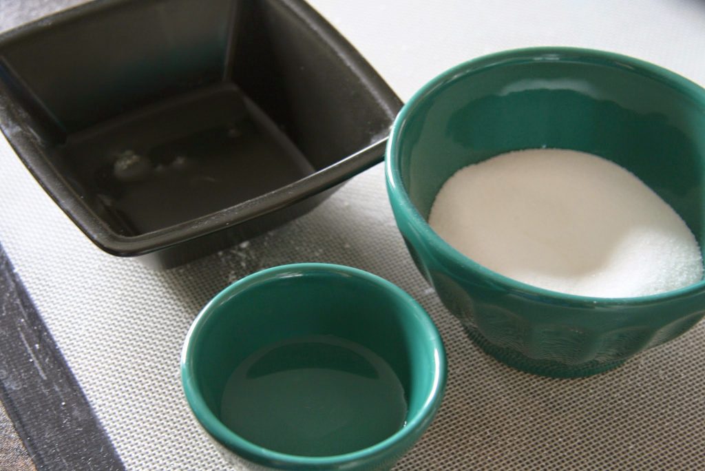 Egg Whites, Granulated Sugar and Water measured out for hot syrup Italian meringue method. 