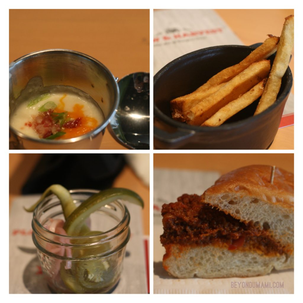 Baked Potato Soup, Hand-cut Plank fries,  Pickled Vegetables & Not-So-Sloppy Joe. at P& H