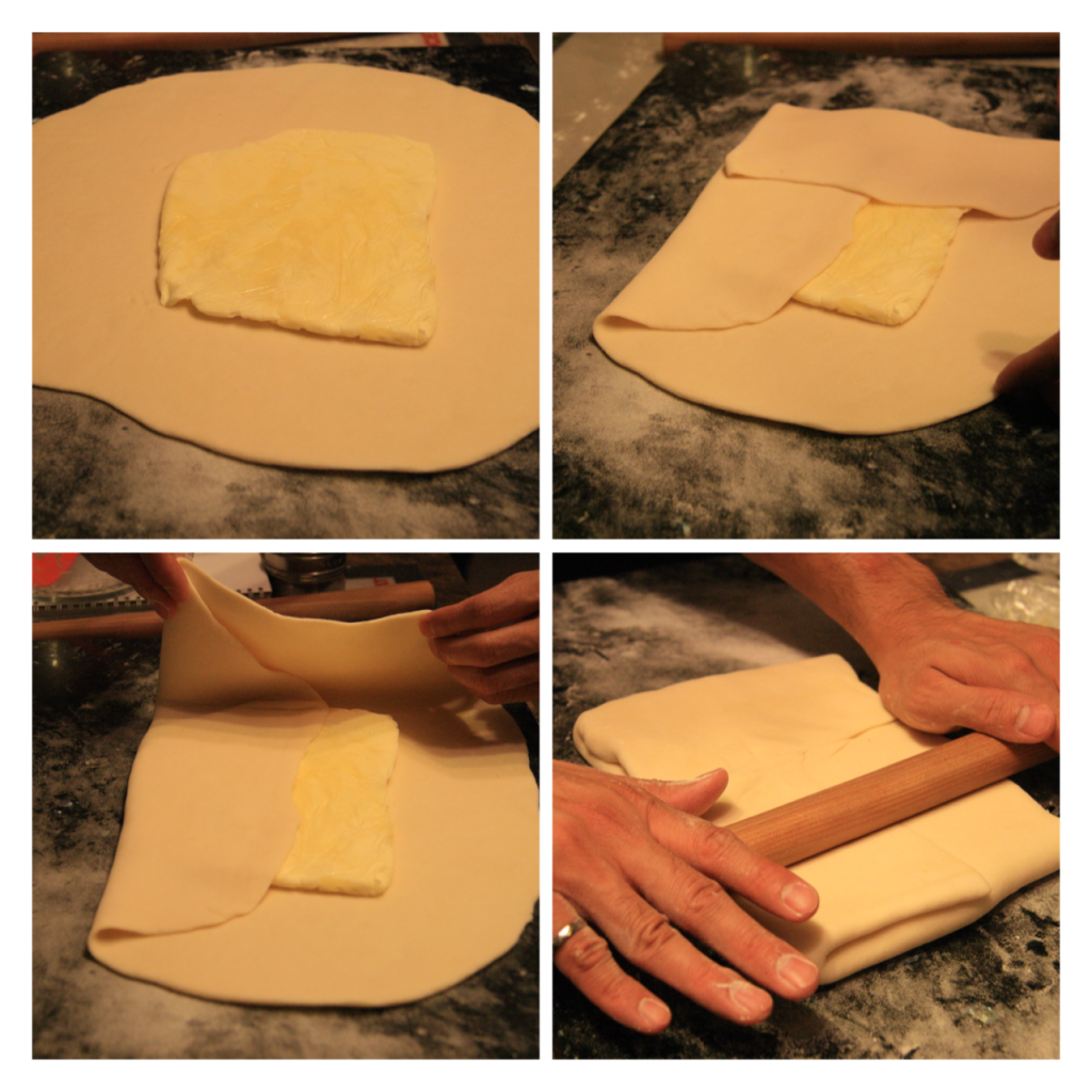 Four pictures (clockwise from top-left) 1) Placing sheet of butter into middle of flattened dough, 2) folding bottom of dough over butter, 3) folding other sides over the butter to make it look like an envelope, 4) rolling "the envelope" flat with rolling pin. Four pictures (clockwise from top-left) 1) Placing sheet of butter into middle of flattened dough, 2) folding bottom of dough over butter, 3) folding other sides over the butter to make it look like an envelope, 4) rolling "the envelope" flat with rolling pin.