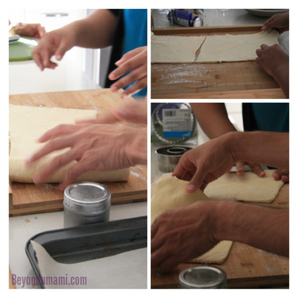 Rolling out the Pillsbury dough for cronuts. Three images showing the rolling out of Pillsbury dough.