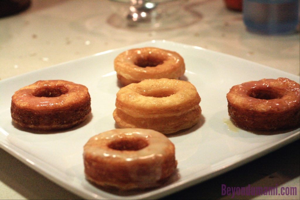Five Cronuts laid out. At center: NQN's cronut, Left,Bottom,Right: DWJ Cronut, Top:Pilllsbury Five Cronuts laid out.At center: NQN's cronut, Left,Bottom,Right: DWJ Cronut, Top:Pilllsbury