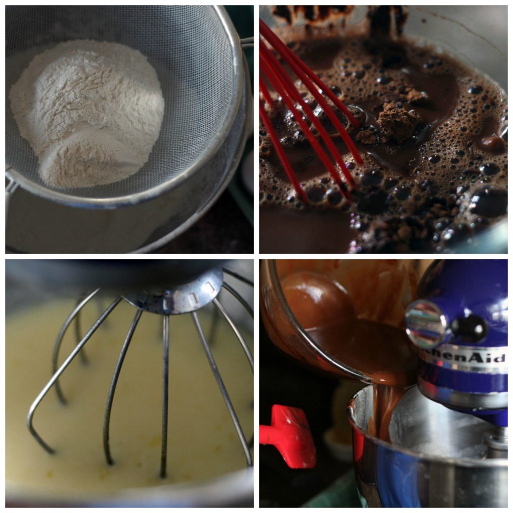 A composite of four photos, from clockwise (top left): flour being sifted into a bowl, a whisk stirring a liquid mixture of coffee and cocoa powder, liquid chocolate mixture being poured into a kitchenaid stand mixer, the wire whisk attachment of a kitchenaid inside a bowl of cake batter