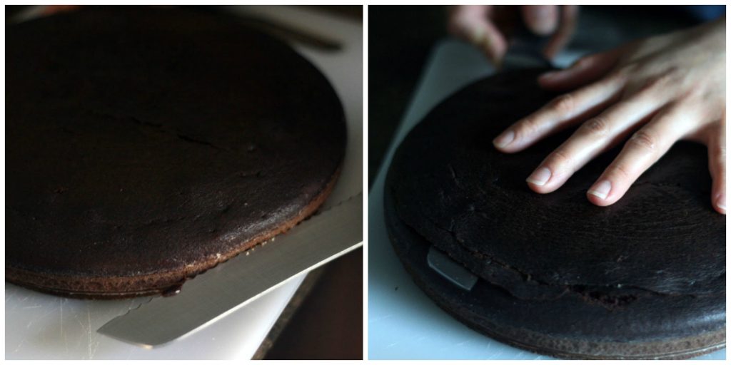 A composite picture (from left to right): a serrated knife about to slice sideways into a circular chocolate cake, a serrated knife sliced a quarter of the way through a chocolate cake sideways with a hand keeping the top dome in place.