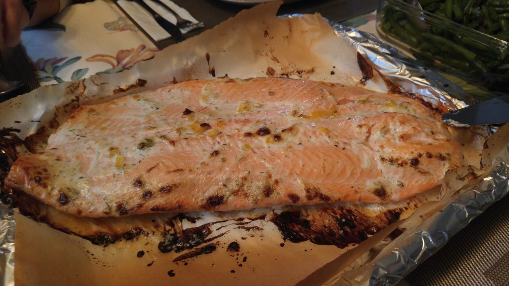 A baking tray of caramelized salmon fresh from the oven.