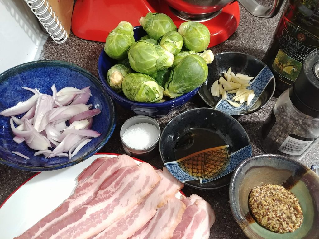ingredients needed to make maple syrup and mustard brussels sprouts