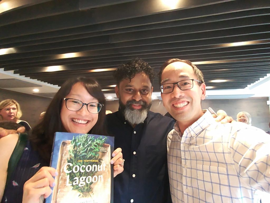 Writer (Beyond Umami) Lillian with her husband Dan and chef Joe Thottungal in between at the book launch of Coconut Lagoon
