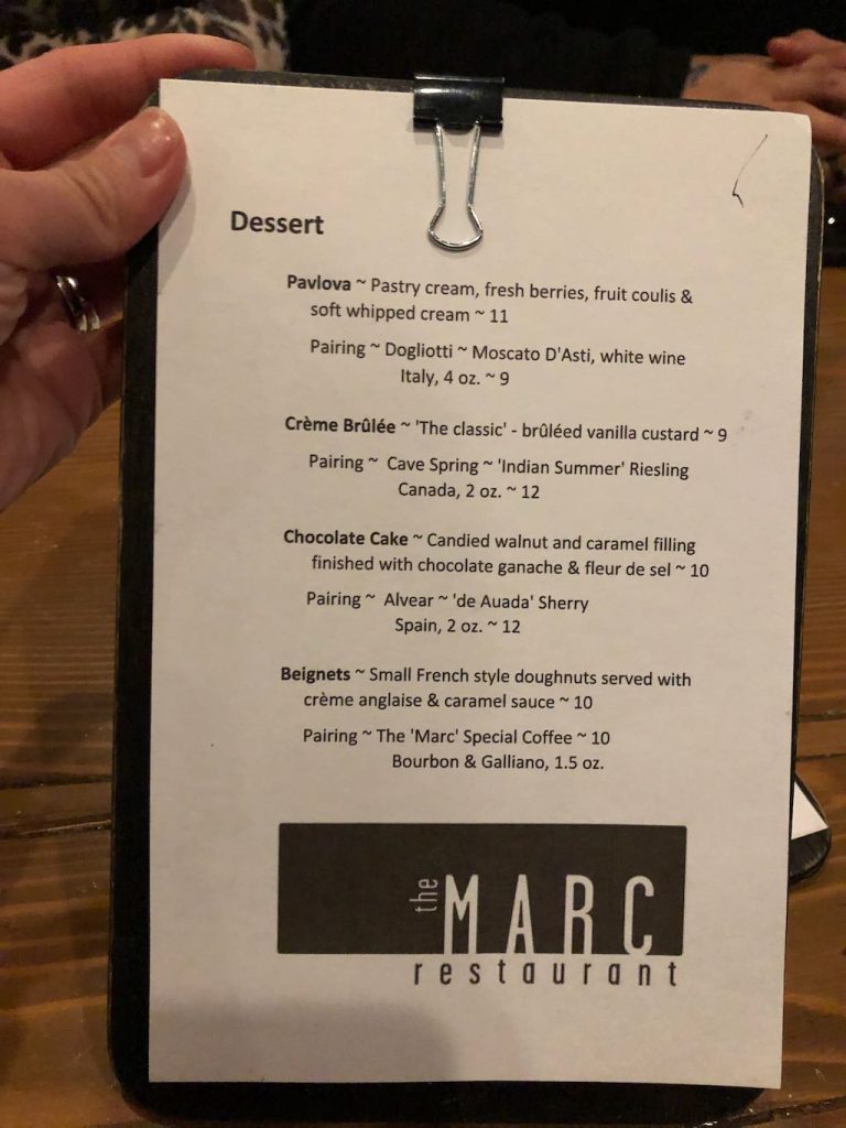 the Marc Restaurant dessert menu